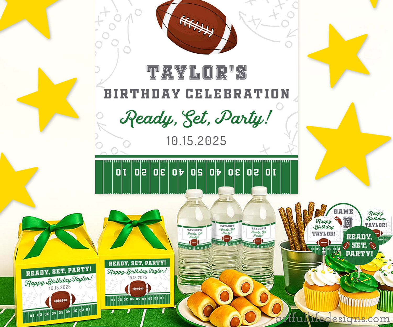 Football birthday party printables, decorations, welcome sign with food and favor tags in green and gold.