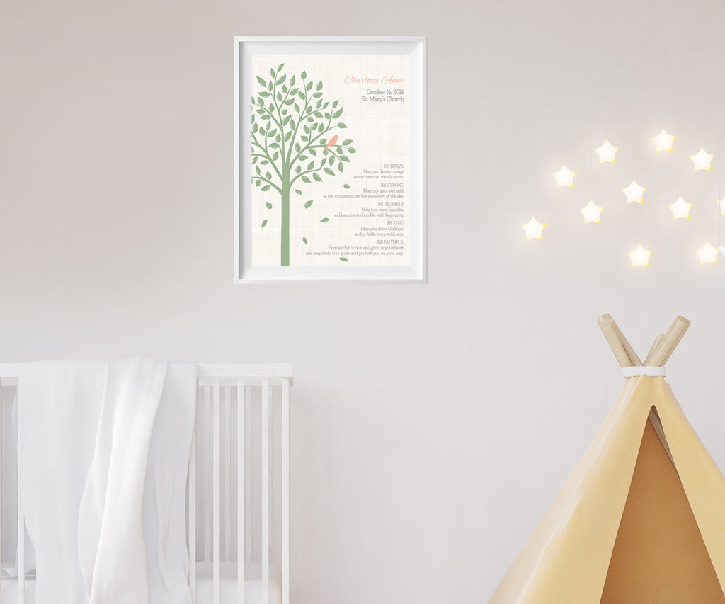 Personalized baby girl baptism keepsake print hanging on wall in nursery