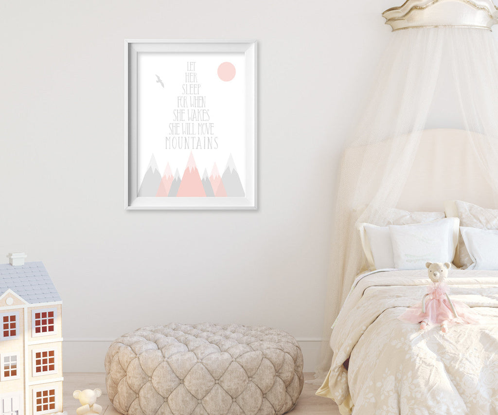 Nursery wall art in pink and gray on baby girl nursery wall