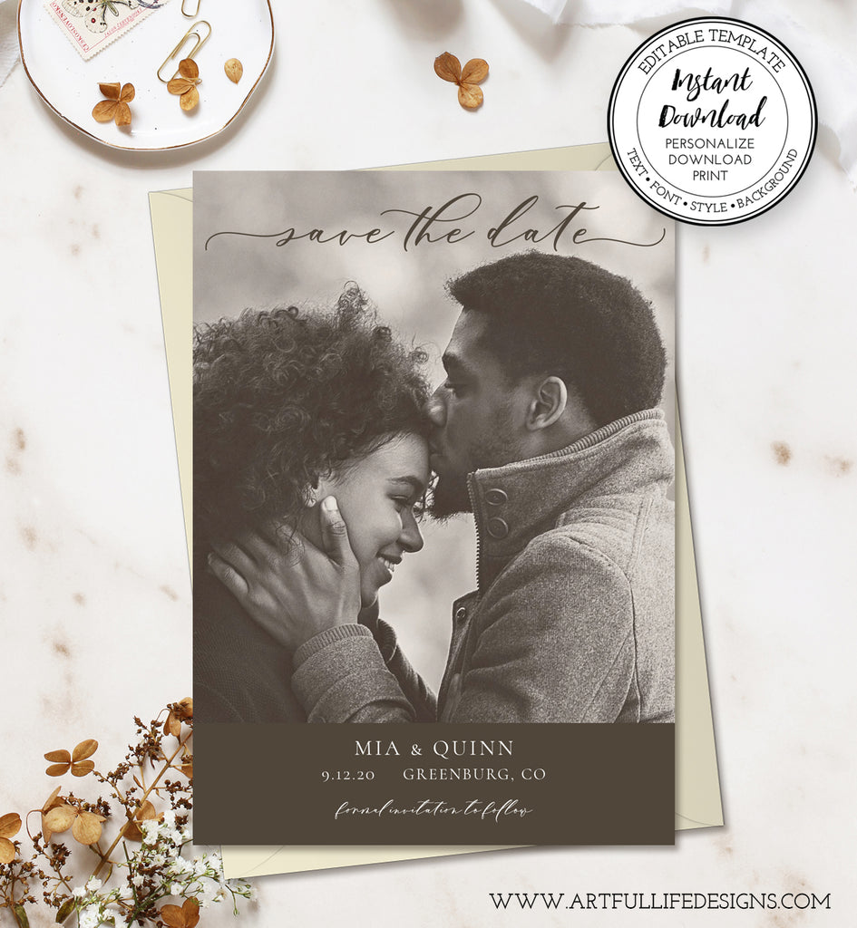 Save the date card with young couple in a sepia tone image