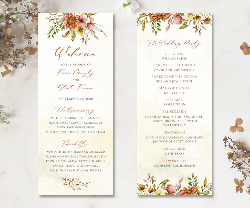 4 x 9" double sided Autumn wedding program.