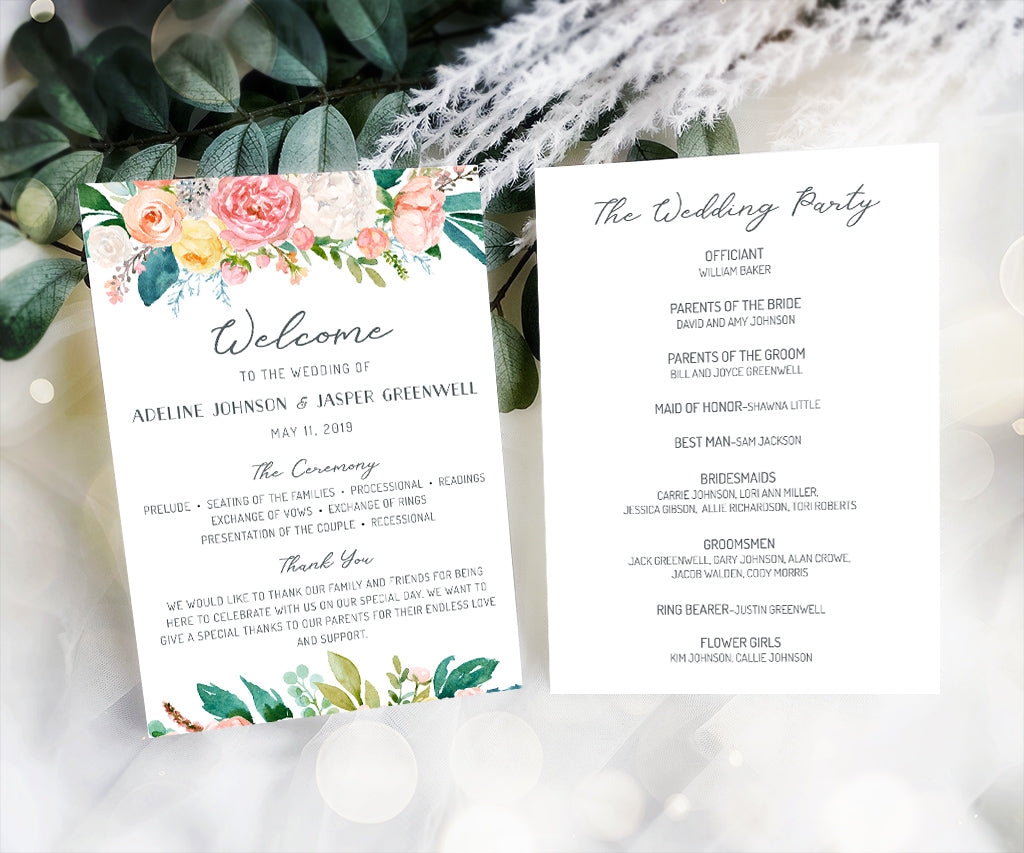 5 x 7 double sided pink and yellow floral wedding program.