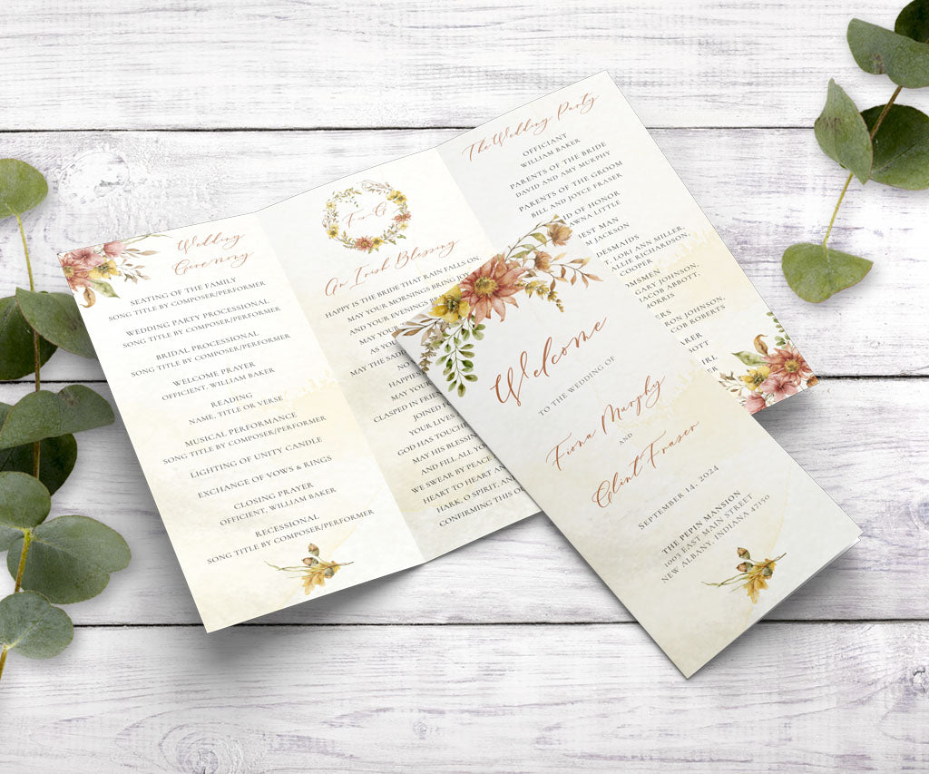 Autumn floral trifold wedding program.