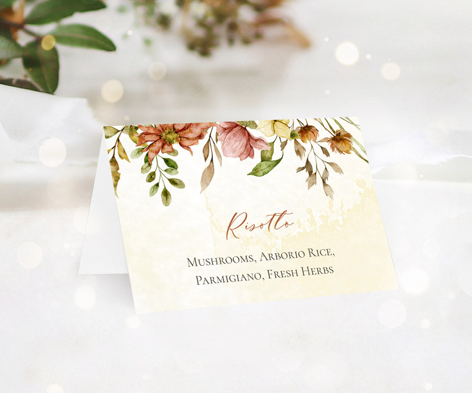 Autumn wedding or shower folded buffet food cards.