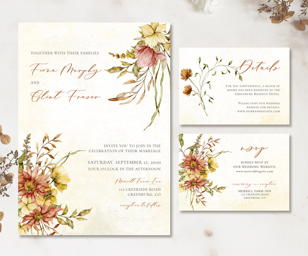 Autumn floral wedding invitation, RSVP Card, Details Card.