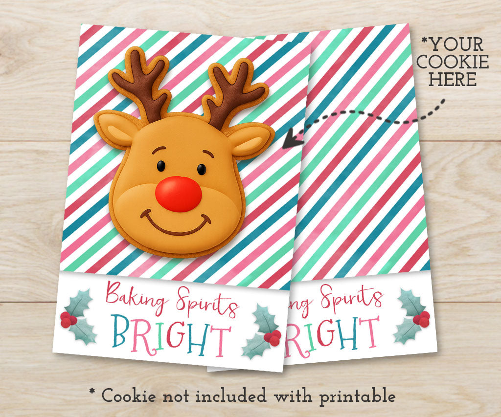 Baking spirits bright Christmas cookie card with holly and colorful stripes and a reindeer cookie.