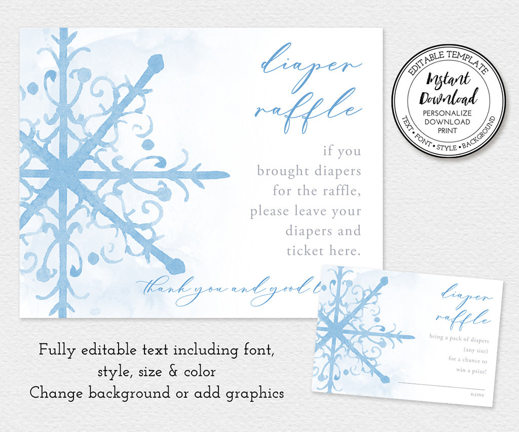 Blue snowflake diaper raffle sign and card editable templates.