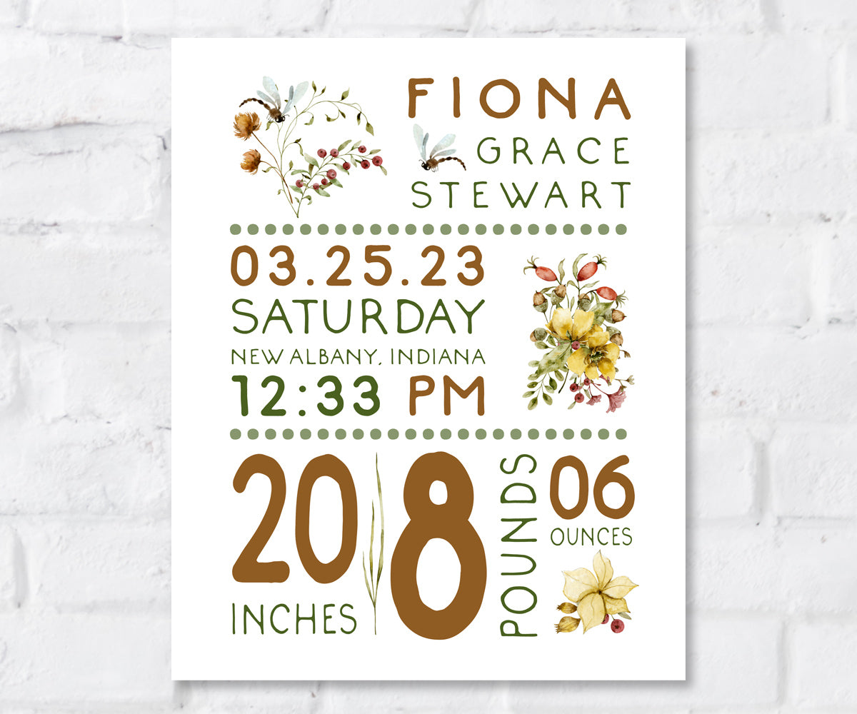 flowers and dragonflies boho birth stats print