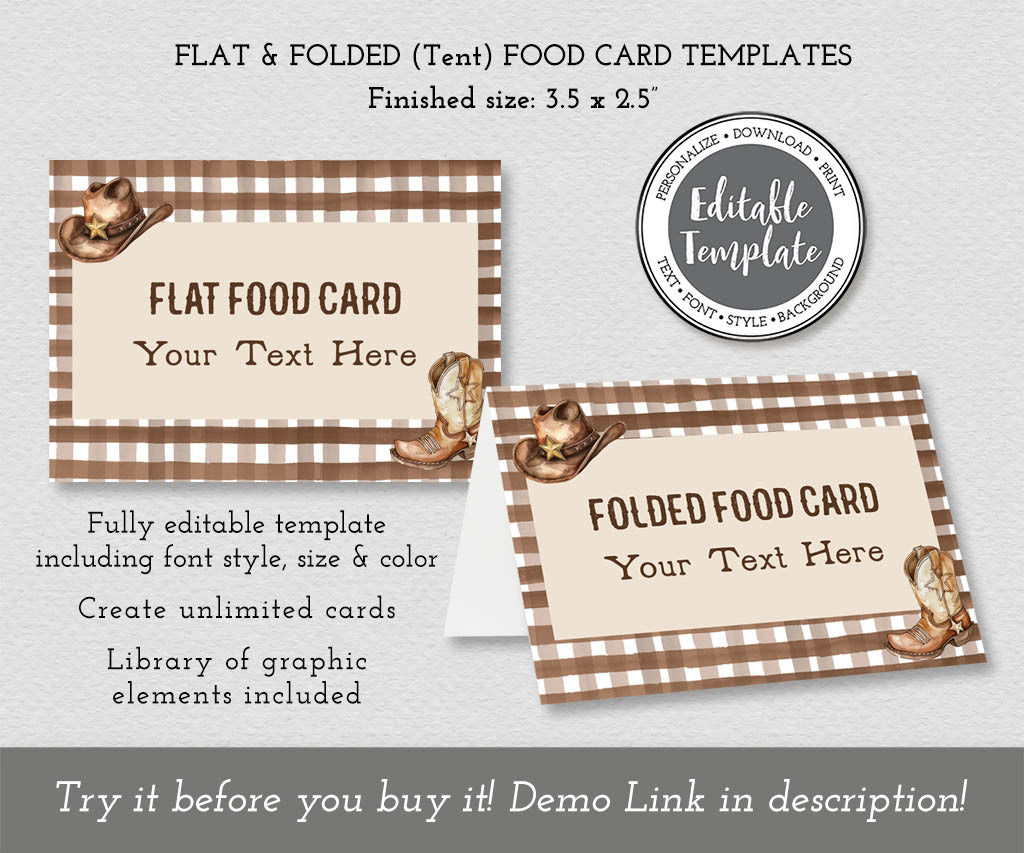 Cowboy birthday food tent card for ranch hand nuggets with brown plaid and cowboy gear, editable templates.