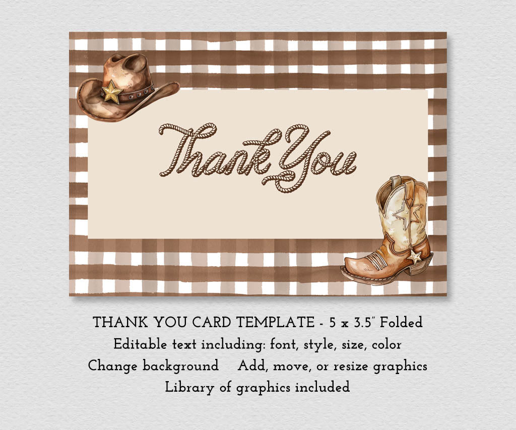 Brown and tan cowboy birthday folded thank you card with gingham, cowboy hat and cowboy boot with western style rope font.