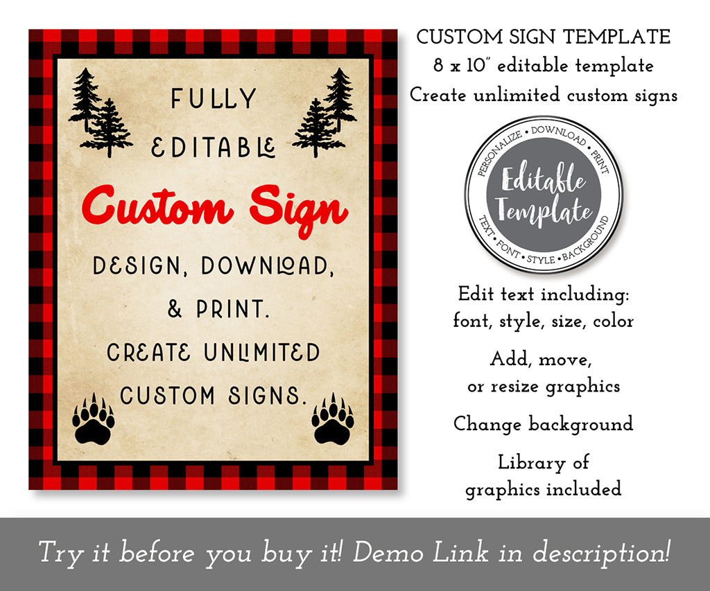 Red and black buffalo plaid 8 x 10 inch portrait custom sign editable template.