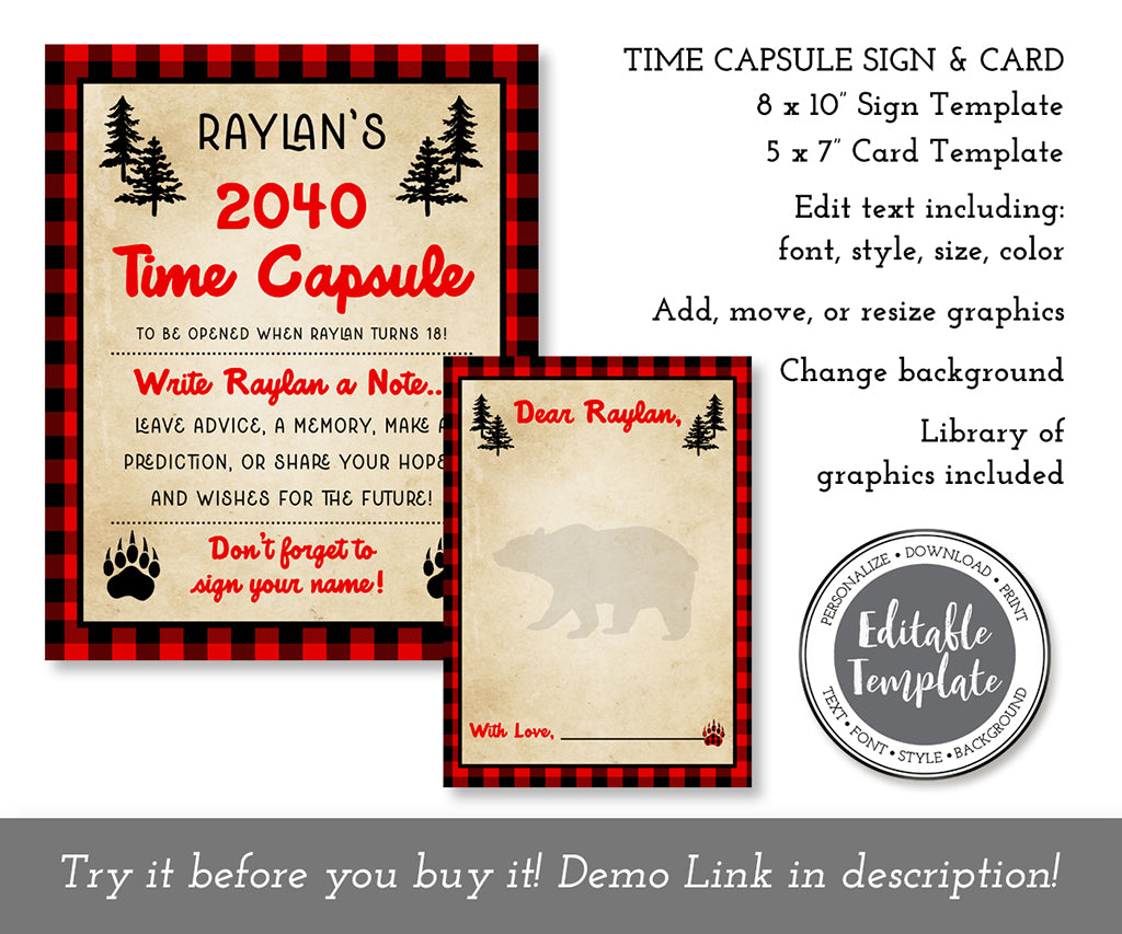 First birthday buffalo plaid birthday time capsule sign and card editable templates.