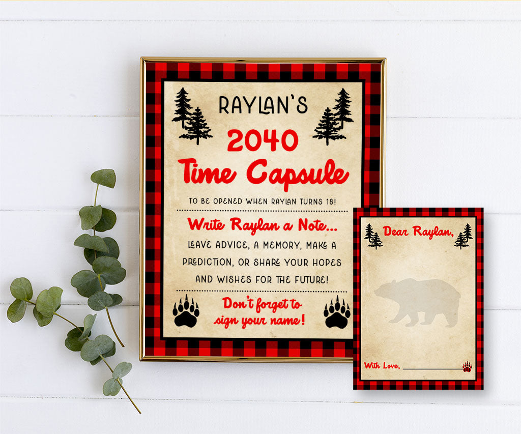 First birthday buffalo plaid birthday time capsule sign and card.