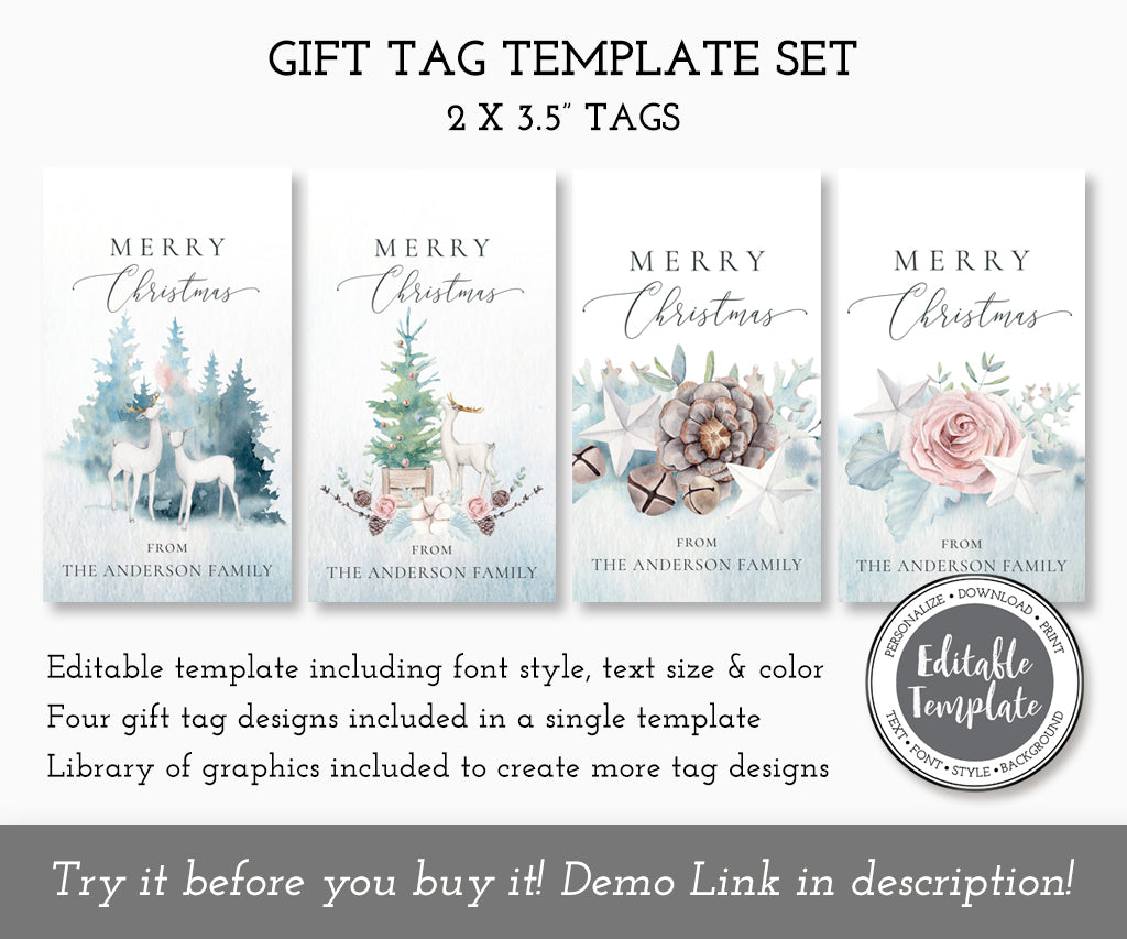 Set of rustic Christmas gift tags with deer, forest and winter foliage, editble template.