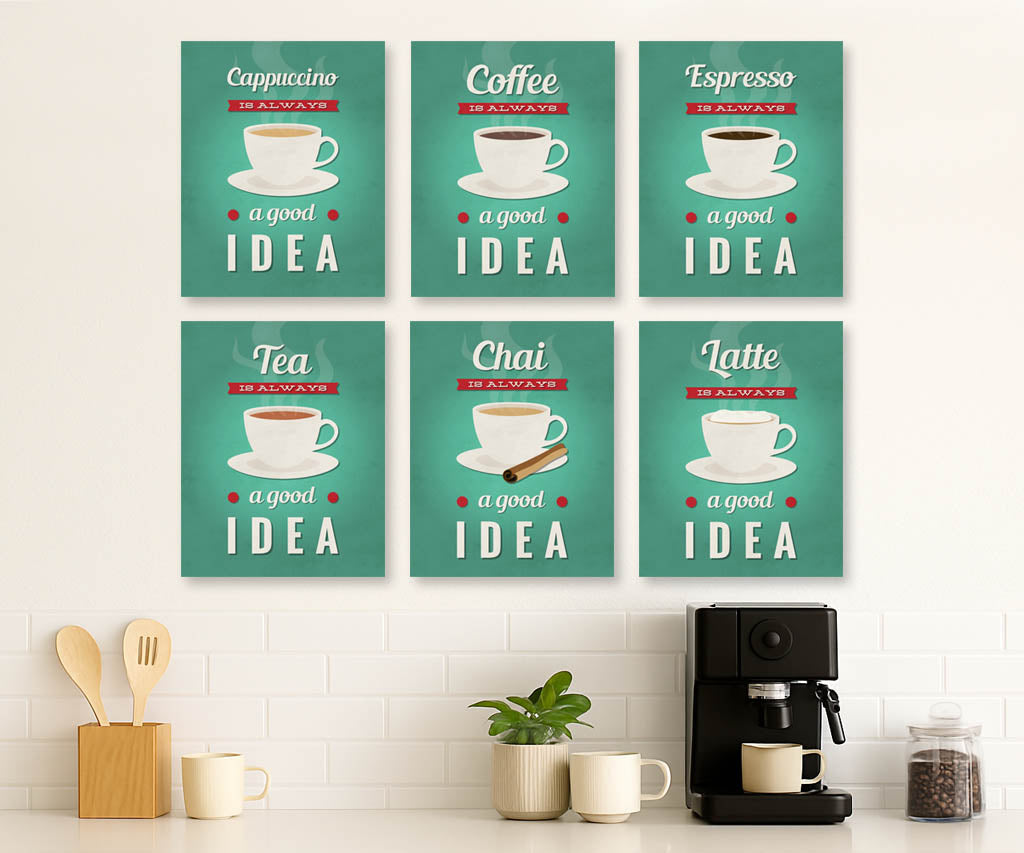Set of 6 printable coffee and tea kitchen wall art prints in green – Cappuccino, Coffee, Espresso, Chai, Latte, and Tea.
