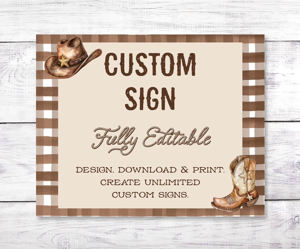 Cowboy birthday custom 10x8 landscape sign with brown gingham, cowboy hat and boot.