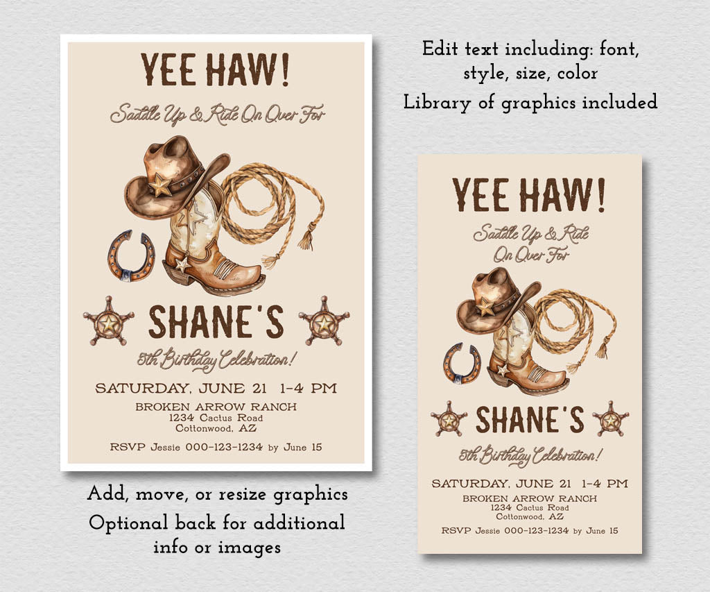 Cowboy birthday party invite and evite editable templates with Yee Haw and vintage style western graphics, cowboy boots, hat, lasso and horseshoe.