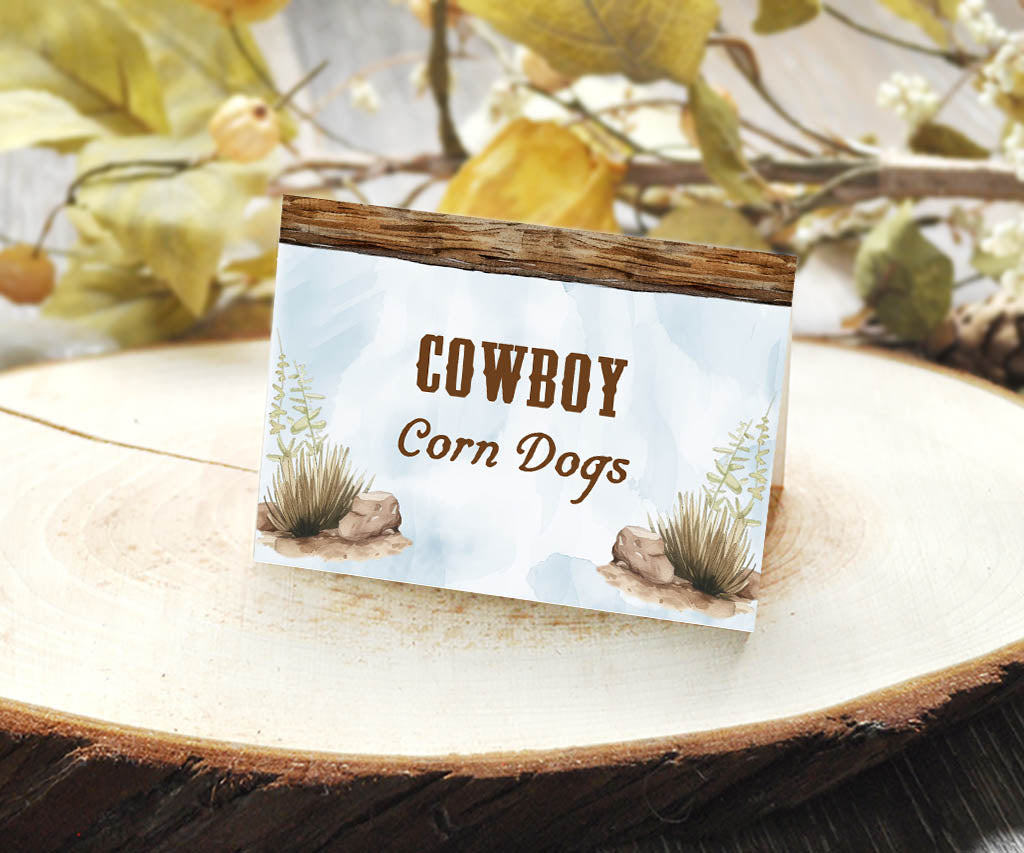 Cowboy corn dogs birthday food tent card.