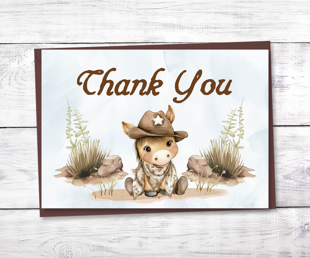 Cowboy first rodeo birthday thank you card with western font and cute baby pony.