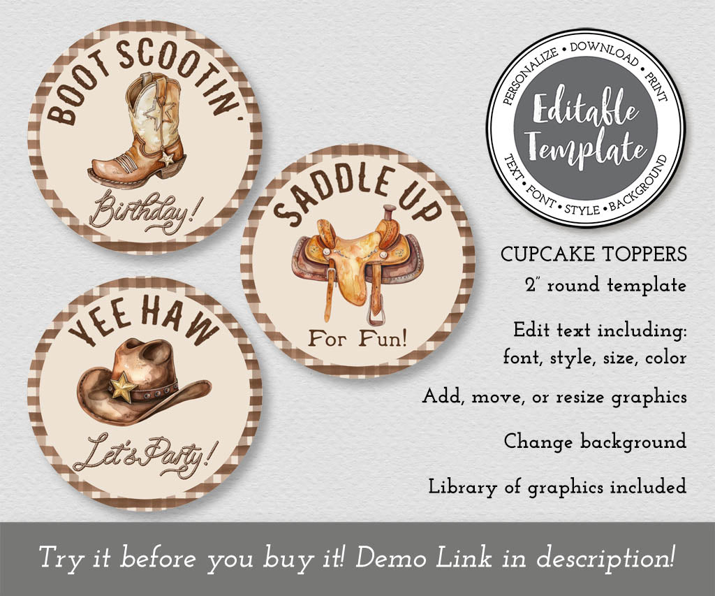 Cowboy western theme birthday round cupcake topper templates with cowboy hat, saddle and cowboy boot.