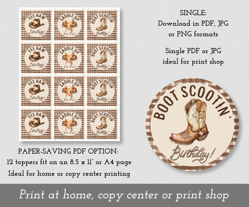 Download options for cowboy birthday round cupcake toppers with cowboy hat, saddle and cowboy boot.