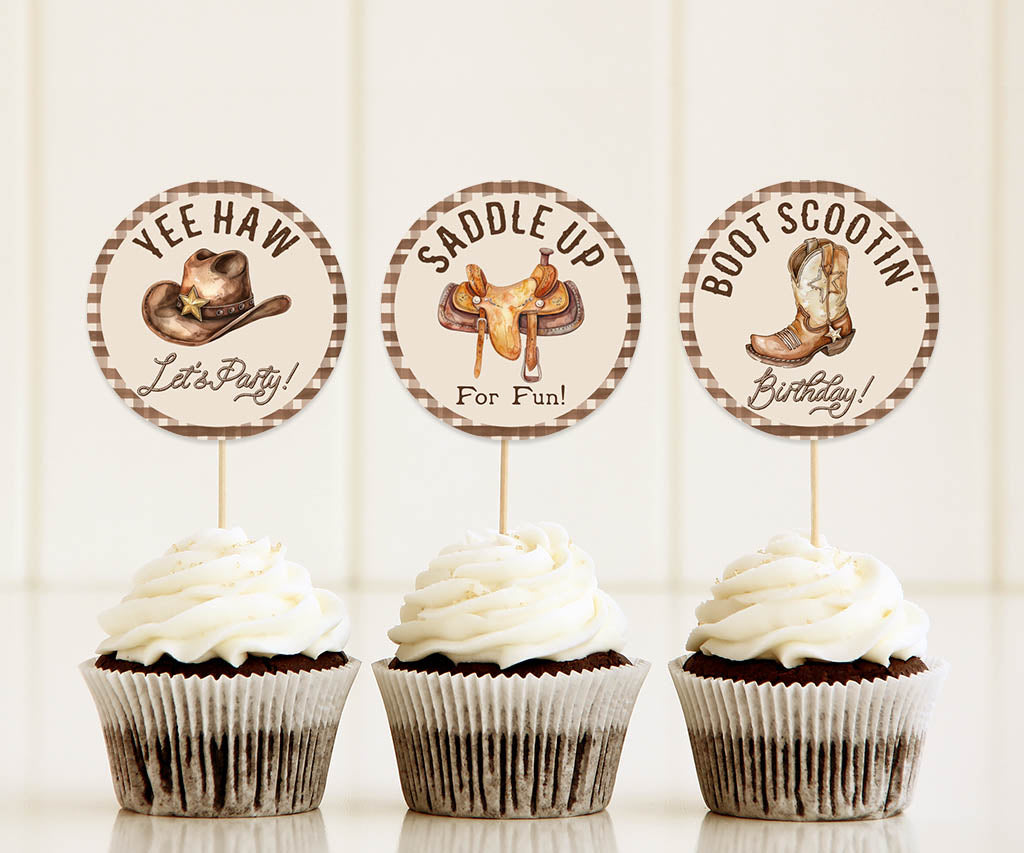 Cowboy western theme birthday round cupcake toppers with cowboy hat, saddle and cowboy boot.