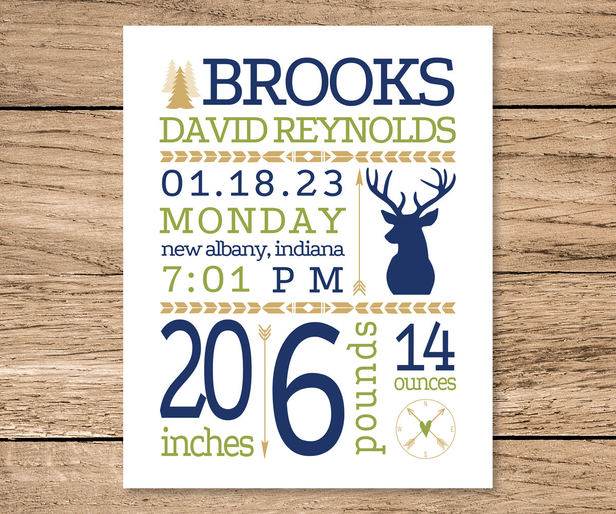 deer tribal birth stats print in blue, green tan