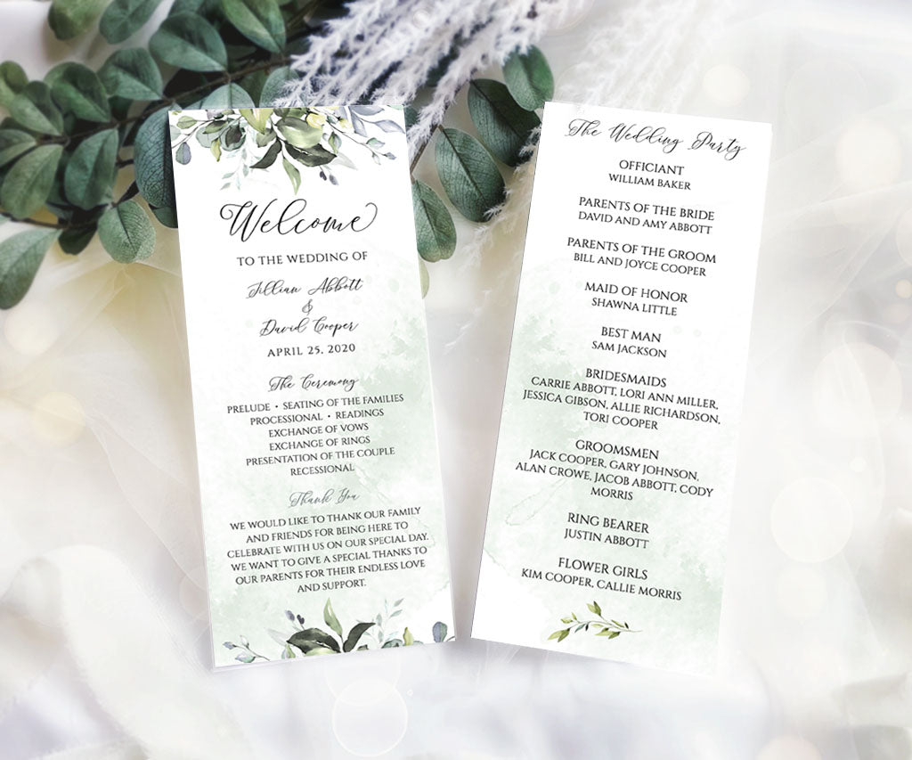 Double sided greenery wedding program.