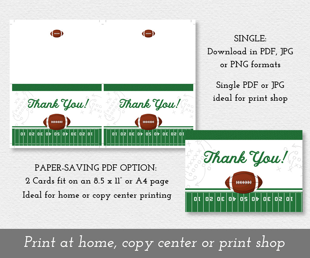 Folded printable football thank you card download options.