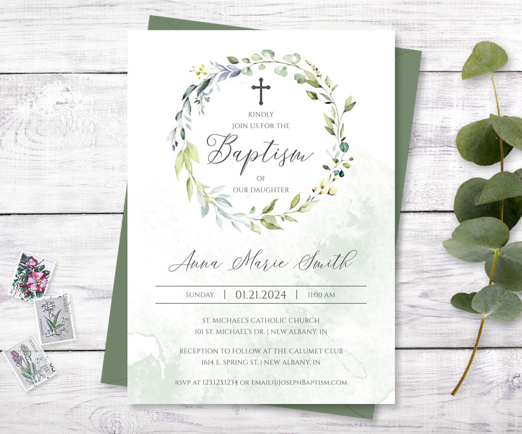 Elegant gender neutral greenery baptism invitation.
