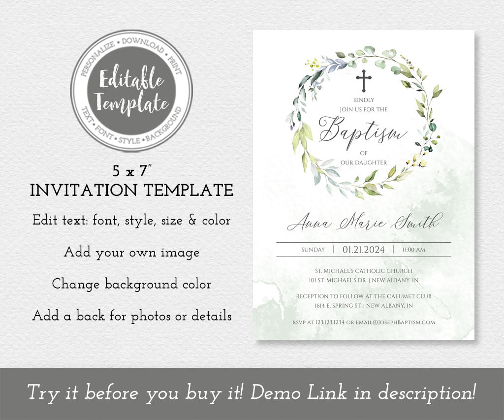 Elegant greenery baptism invitation template.