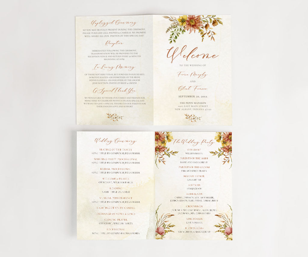 Fall floral folded wedding program booklet.