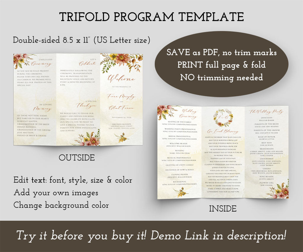 Fall floral trifold wedding program editable template that you print on a US letter size sheet, then fold.