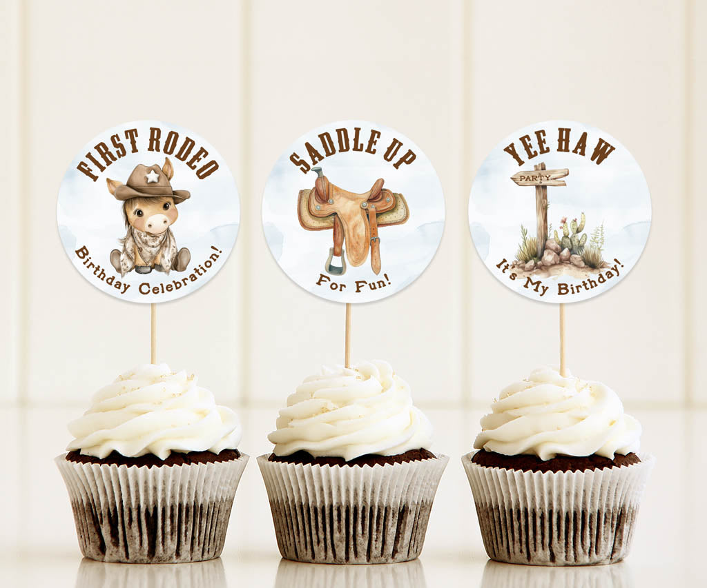 First rodeo birthday cupcake toppers with baby pony, western saddle,and Yee Haw sign post.