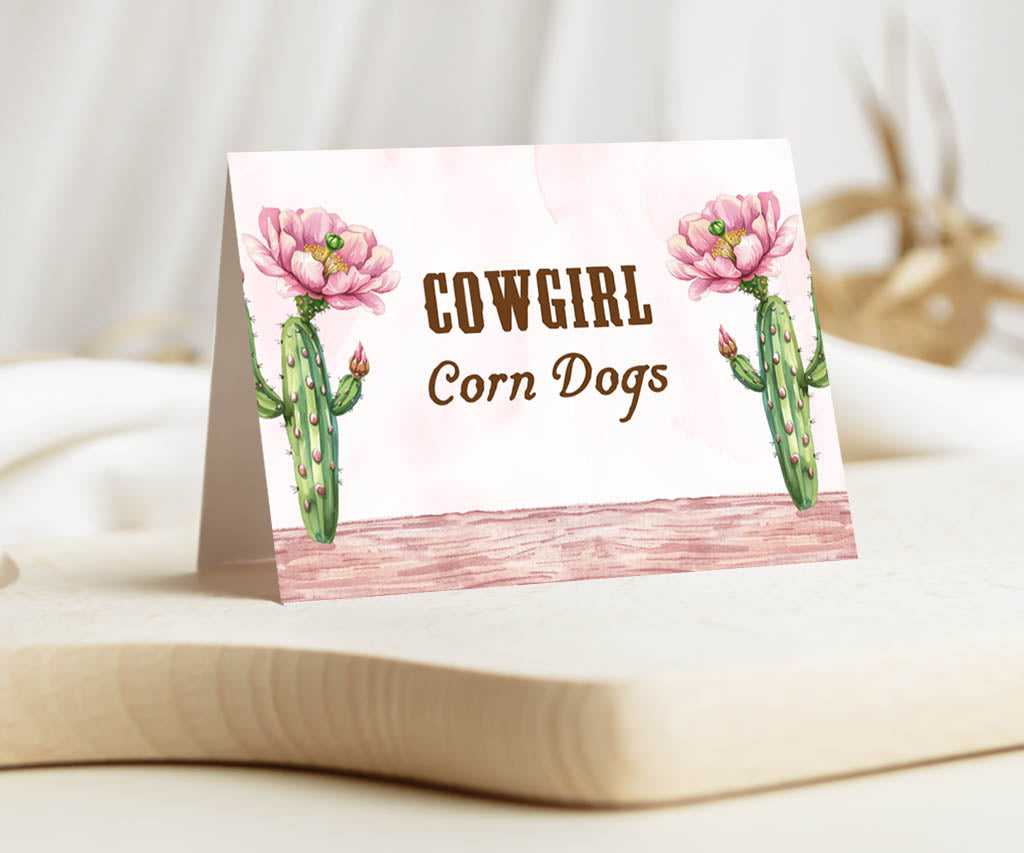 First rodeo birthday folded tent food card for cowgirl corn dogs.