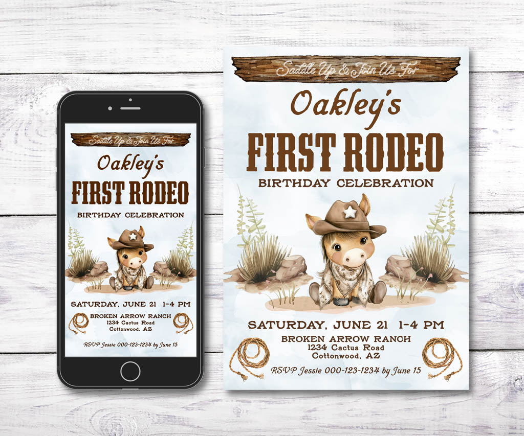 First rodeo blue and brown cowboy birthday invitation and smart phone evite with baby pony and western theme.