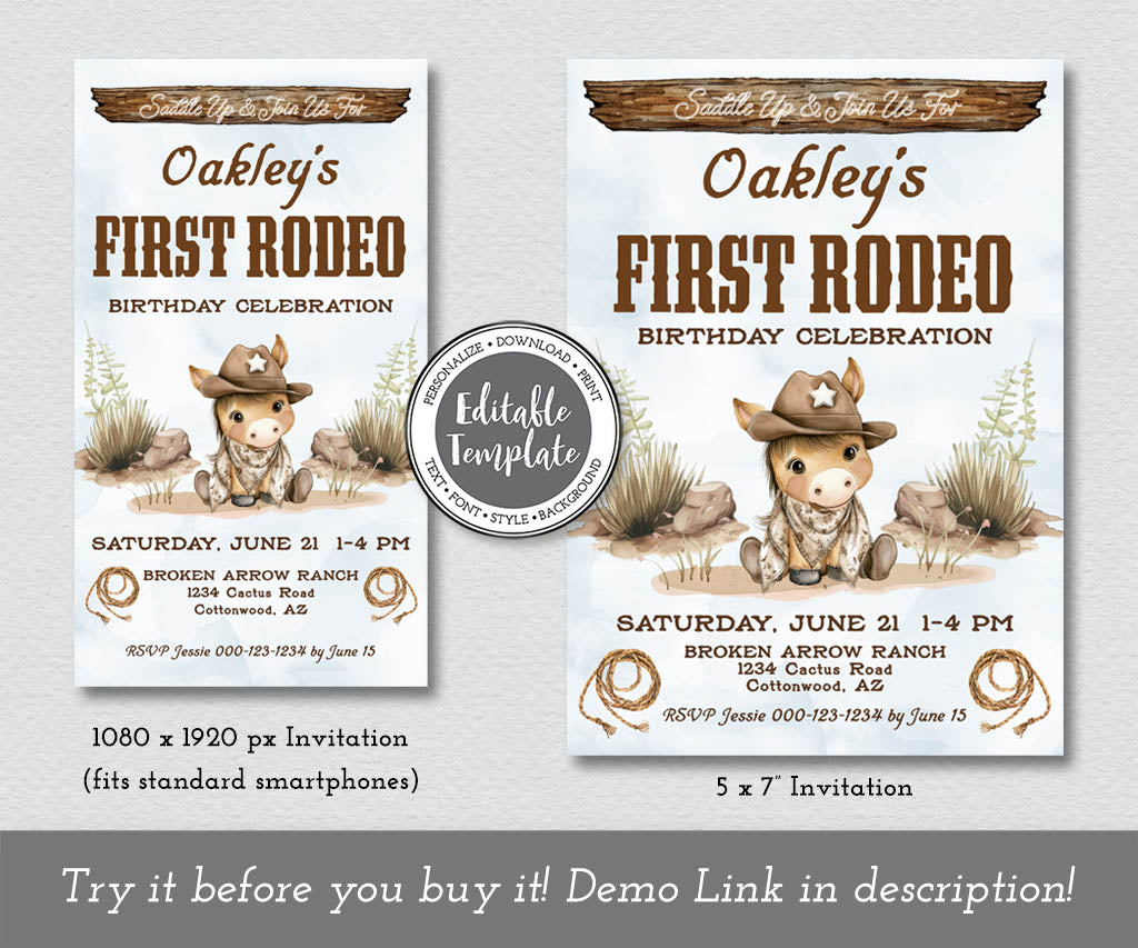First rodeo blue and brown cowboy birthday invitation and smart phone evite with baby pony and western theme, editable templates.