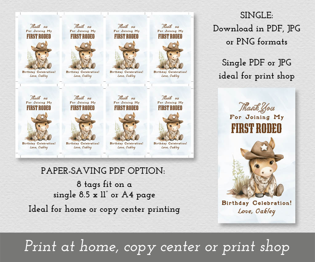 Full sheet of first rodeo favor tags and a single favor tag templates.