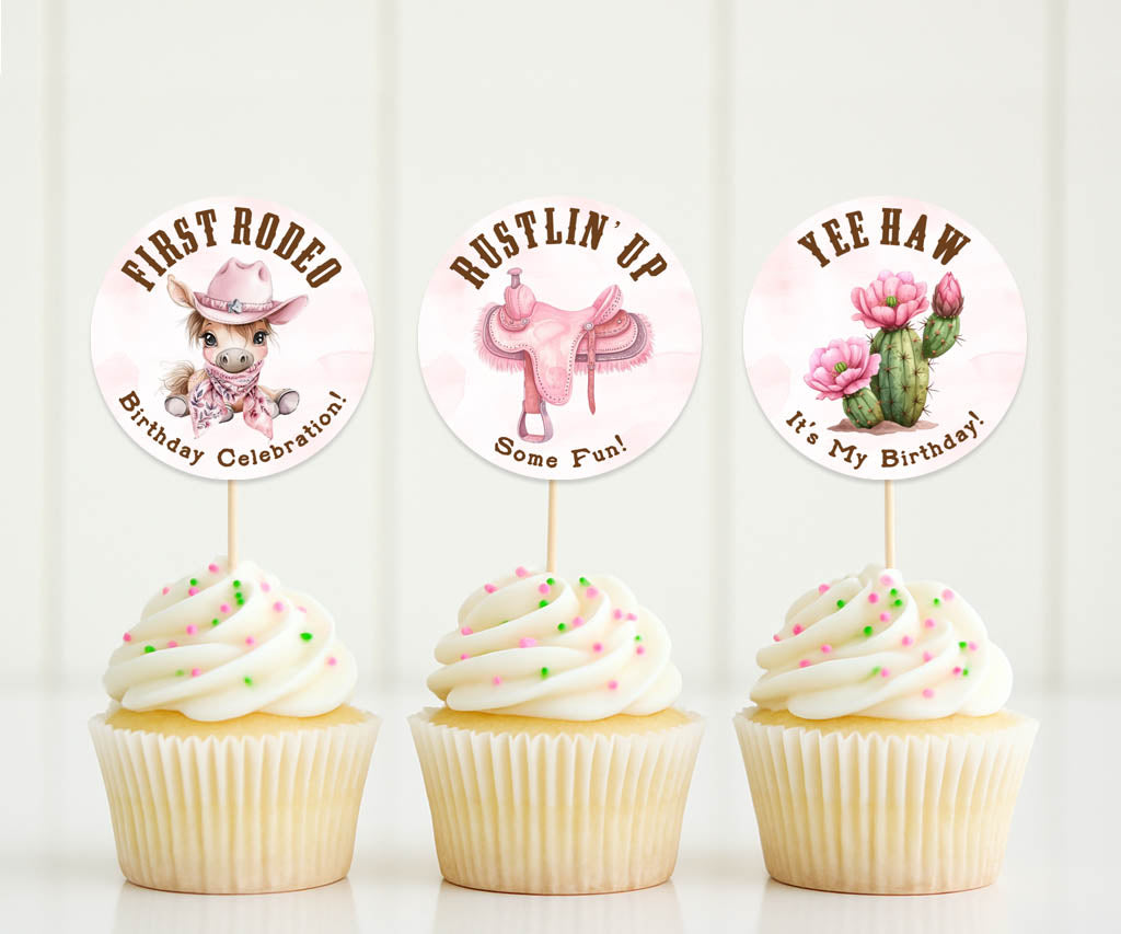 First rodeo girls birthday cupcake toppers in pink and brown with western designs.