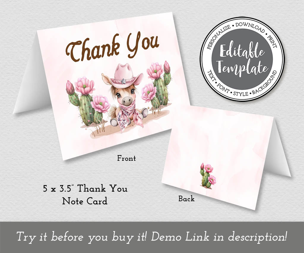 First rodeo girls birthday thank you card template with cute baby pony in cowgirl hat and flowering cacti.