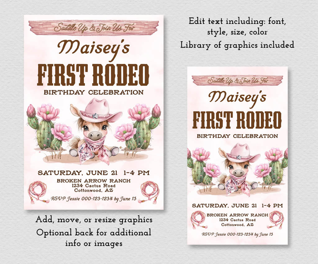 First rodeo girls birthday invitation and evite with a pink western theme,editable template.