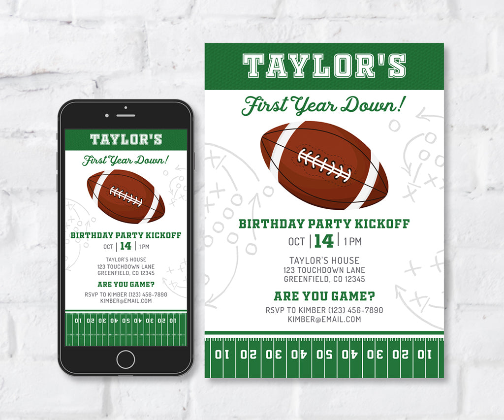 First Year Down 1st birthday football theme invitation and digital smartphone evite.