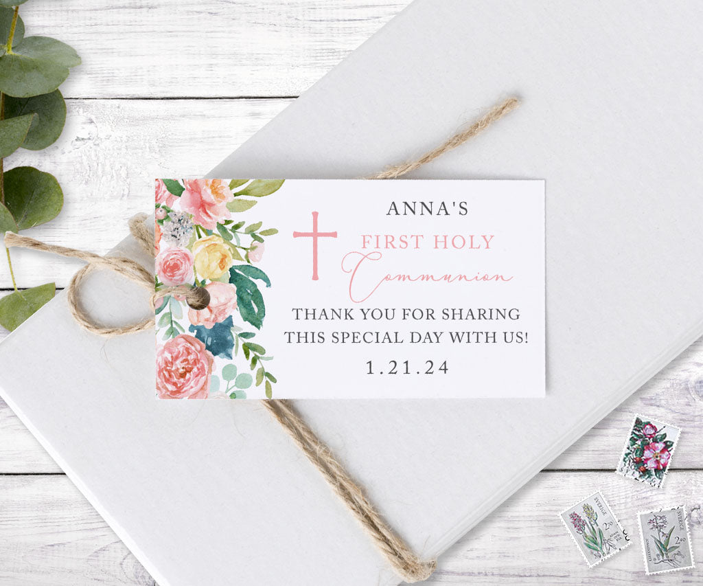 Horizontal floral first communion favor tag with pink and yellow flowers.