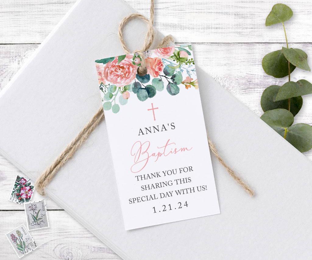 Vertical floral baptism favor tag.