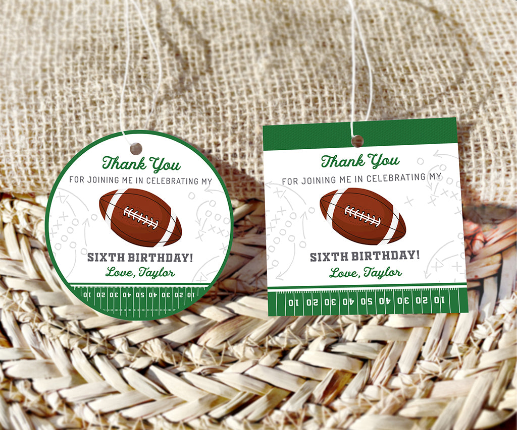 Round and square football birthday favor tags in green and gray.