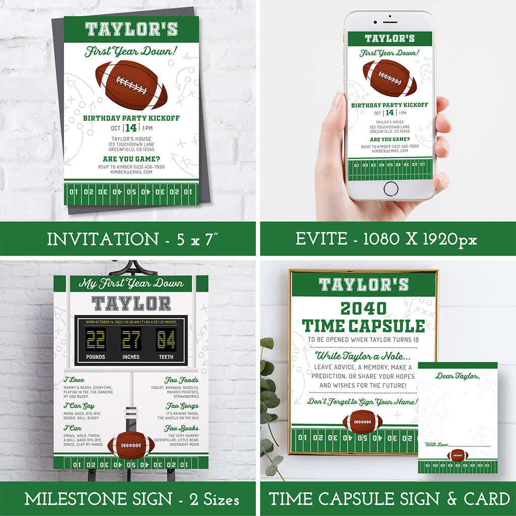 Printable football 1st birthday templates, invitation, evite, milestone sign and time capsule sign.