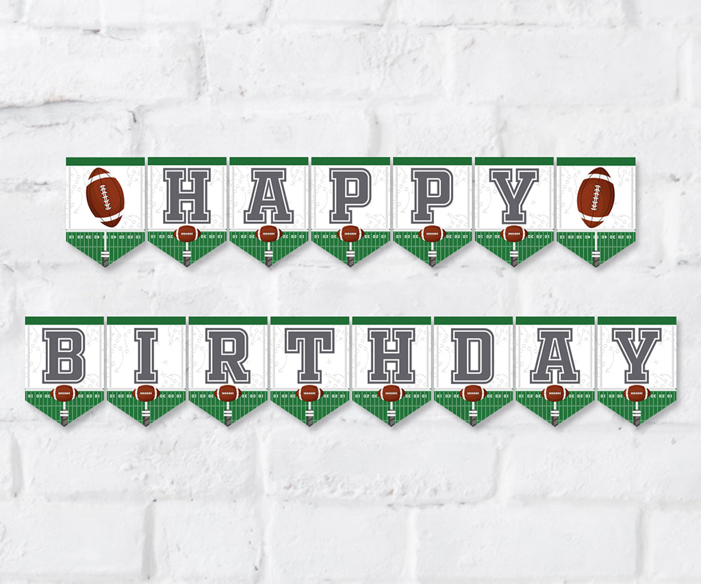 Football happy birthday pennant banner in green and gray.