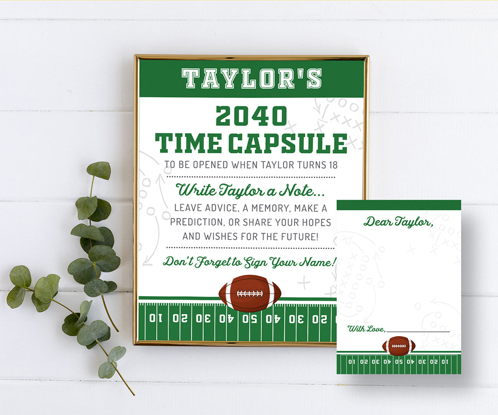 Football theme time capsule sign and message card for a first birthday party.