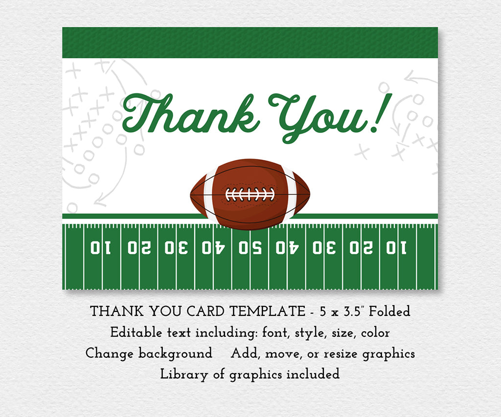Football theme thank you card template, 5 x 3.5" folded card design.