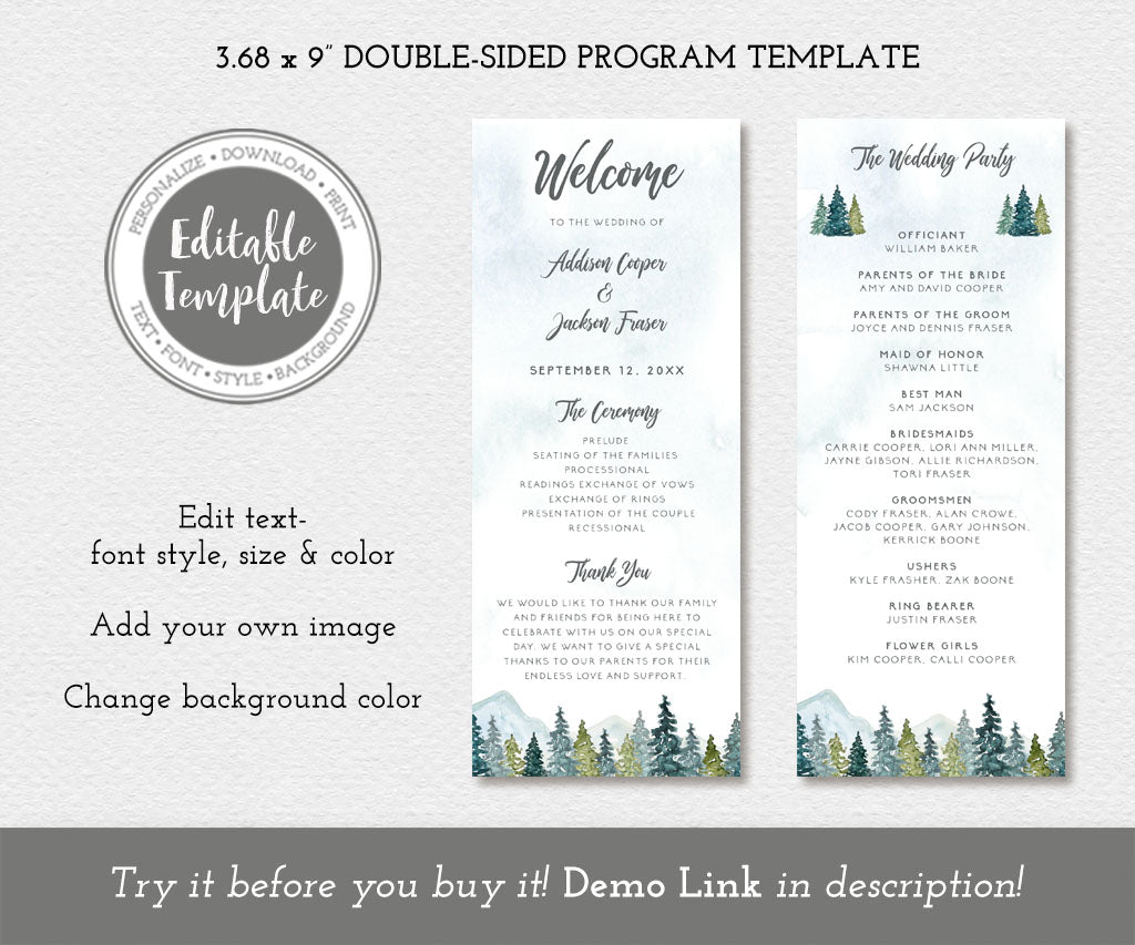 Rustic forest pines and mountains double sided wedding program editable template.